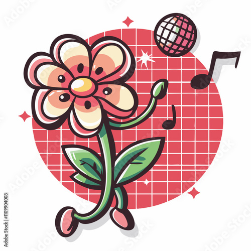 A dancing cartoon flower character enjoying music with a disco ball. Fun and lively retro-style illustration.