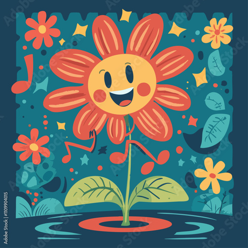 A cheerful cartoon flower character joyfully dancing to music, surrounded by colorful flowers and leaves. Vibrant and playful design.