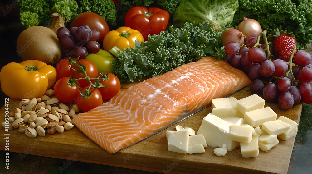 Vibrant Nutrition: Salmon, Fresh Vegetables, and Fruits for a Healthy Plate Vibrant Nutrition: Salmon, Fresh Vegetables, and Fruits for a Healthy Plate