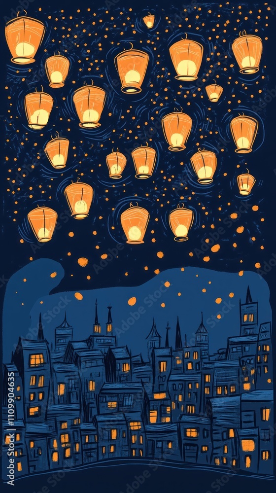 A serene night scene with glowing lanterns floating above a quaint townscape. A serene night scene with glowing lanterns floating above a quaint townscape.