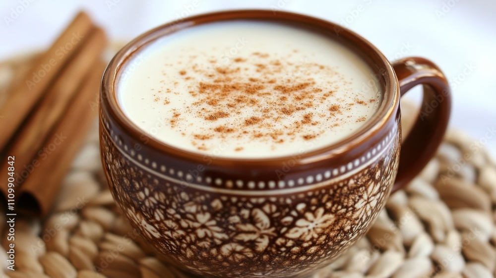 A Mug of Creamy Drink Topped with Cinnamon A Mug of Creamy Drink Topped with Cinnamon