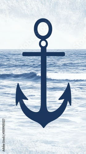 A dark blue anchor symbol over a serene ocean background. photo