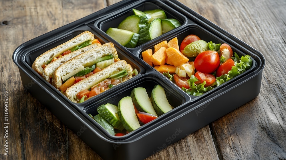 Healthy school or work lunch box with sandwich, vegetables and fruit
Healthy school or work lunch box with sandwich, vegetables and fruit