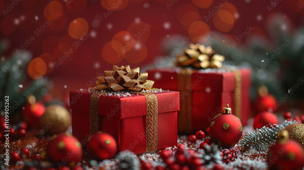 Merry Christmas, Happy New Year, craft red gift box, green background. Flat lay, copy space, banner Merry Christmas, Happy New Year, craft red gift box, green background. Flat lay, copy space, banner