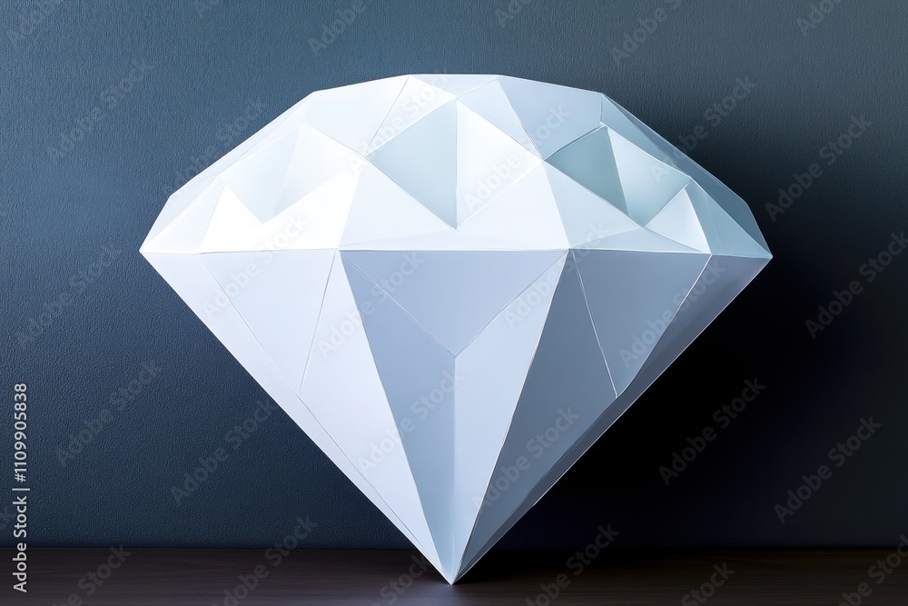 A geometric, white, diamond-shaped sculpture against a dark background.