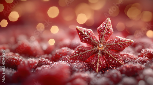 Merry Christmas, Happy New Year. Red golden bokeh background red Christmas flower Poinsettias