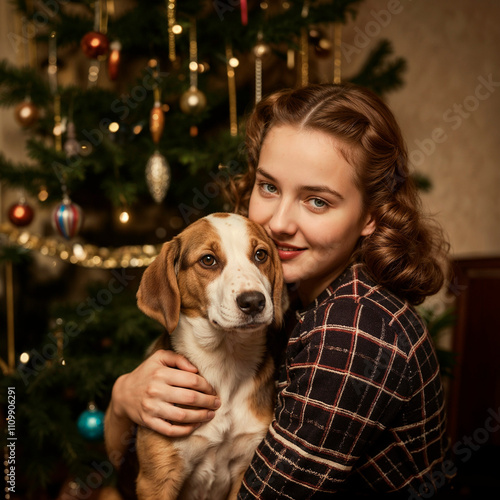 Young woman from the 1950s with dog by Christmas tree. photo