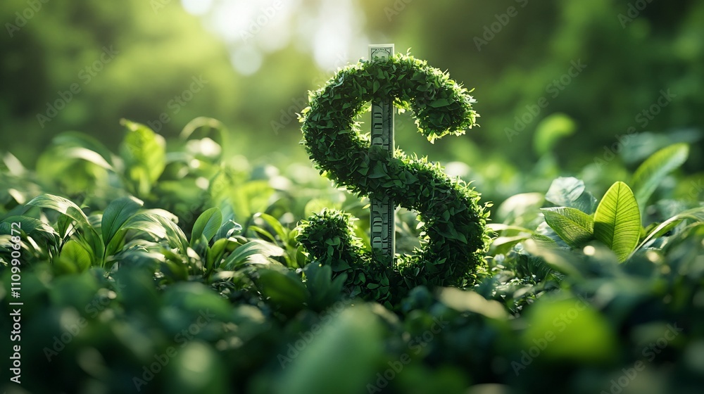 Green dollar sign growing in lush foliage. Green dollar sign growing in lush foliage.