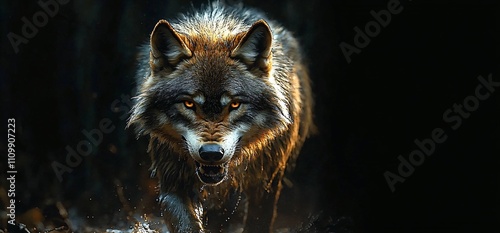 A striking portrait of an angry wolf in a dark forest, perfect for wildlife conservation campaigns, nature documentaries, or themed graphic designs for Halloween. photo