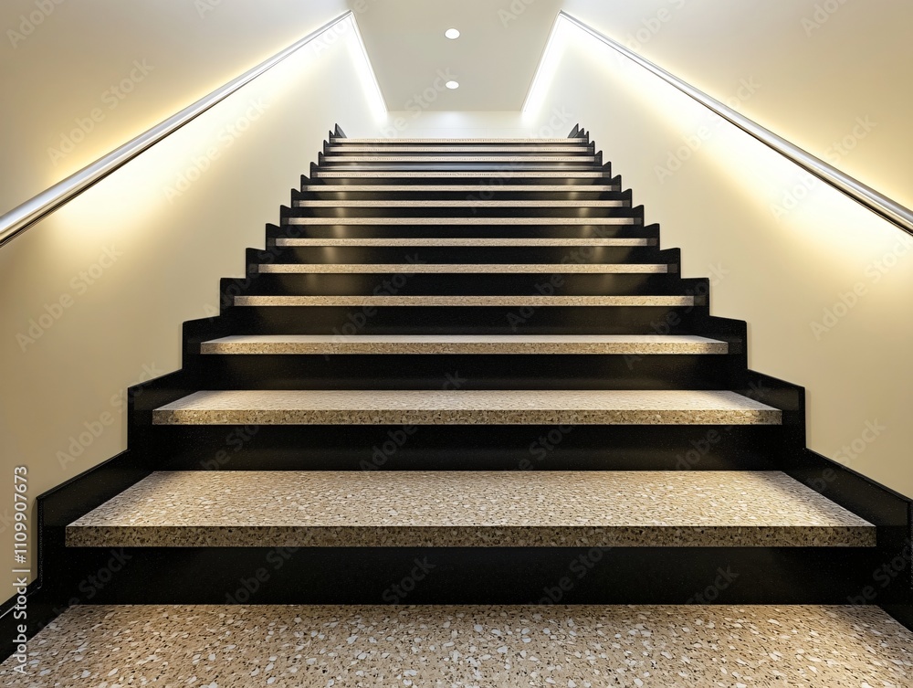 Fototapeta premium A modern staircase leading upward, illuminated by soft lighting.