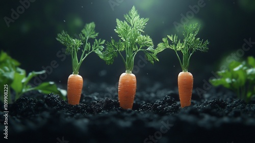 Wallpaper Mural Three young carrot plants growing in dark soil. Torontodigital.ca