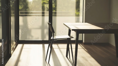 Perspective view of a minimalist table without a background, showcasing clean lines and modern design. The focus is on the table's structure, perfect for design projects needing a simple yet elegant 