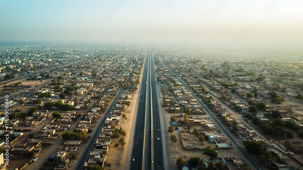 Fototapeta premium A captivating landscape featuring a city on the left, a vast desert on the right, and a road running through the center, perfectly dividing the urban and natural worlds in a striking contrast.