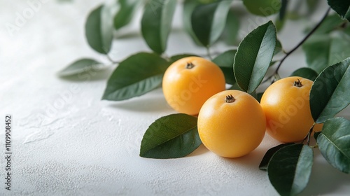 Wallpaper Mural Three ripe, yellow fruits with green leaves on a white background. Torontodigital.ca