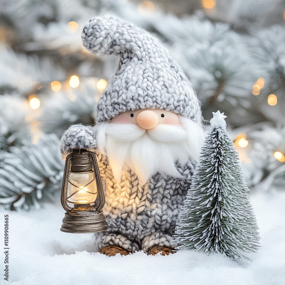 Obraz premium Cozy gnome in winter snow landscape.