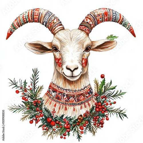 Decorative goat illustration with festive foliage. photo