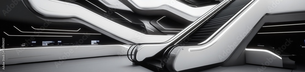 Modern escalators in a sleek, futuristic interior with dynamic lines and lighting. Modern escalators in a sleek, futuristic interior with dynamic lines and lighting.