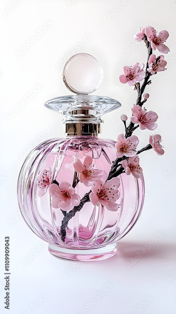 Elegant glass perfume bottle in the shape of a pink cherry blossom with a lid designed with cherry blossom branches Elegant glass perfume bottle in the shape of a pink cherry blossom with a lid designed with cherry blossom branches