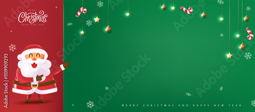 Merry Christmas banner background with Santa Claus pointing to empty space