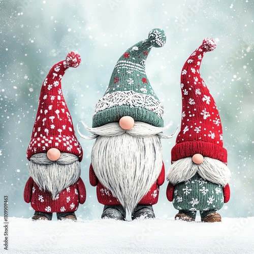 Three decorative Christmas gnomes in snow.