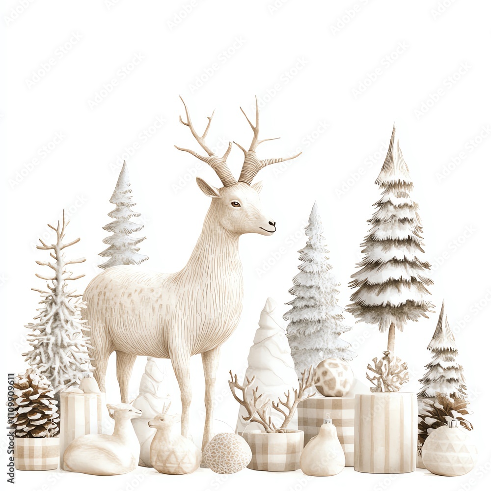 White reindeer with winter trees and decor. White reindeer with winter trees and decor.