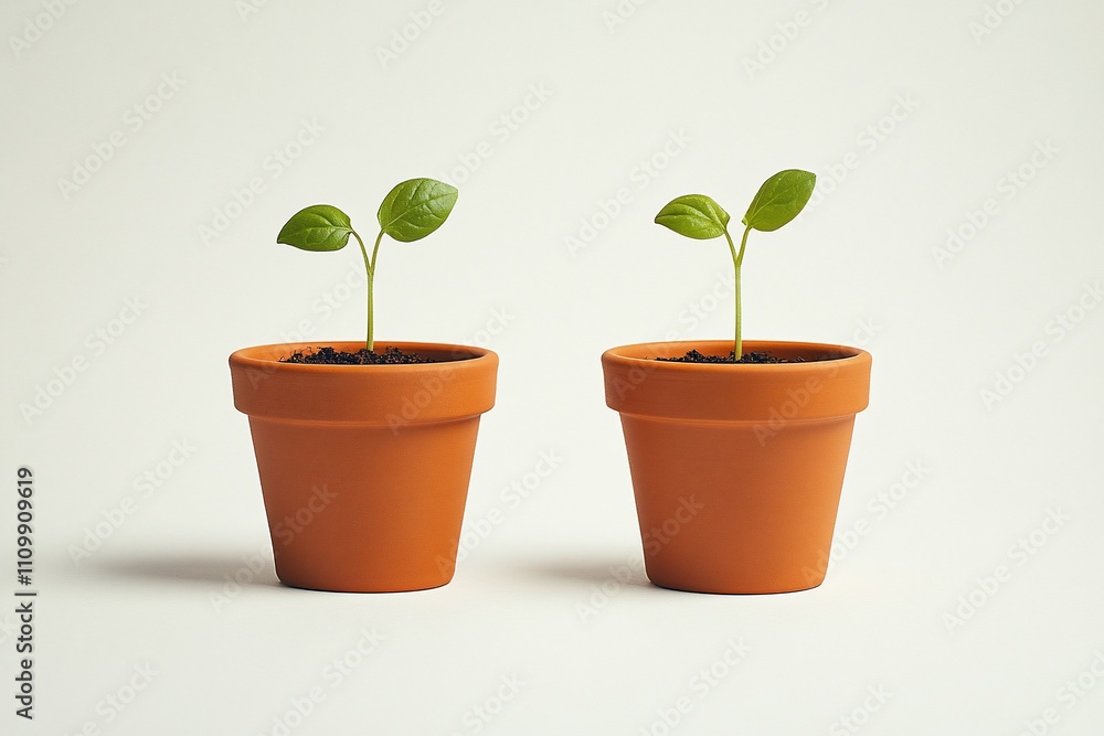 Two small plants in terracotta pots on white background. Two small plants in terracotta pots on white background.