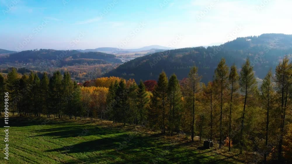 field mountains drone fly over autumn landscape field mountains drone fly over autumn landscape