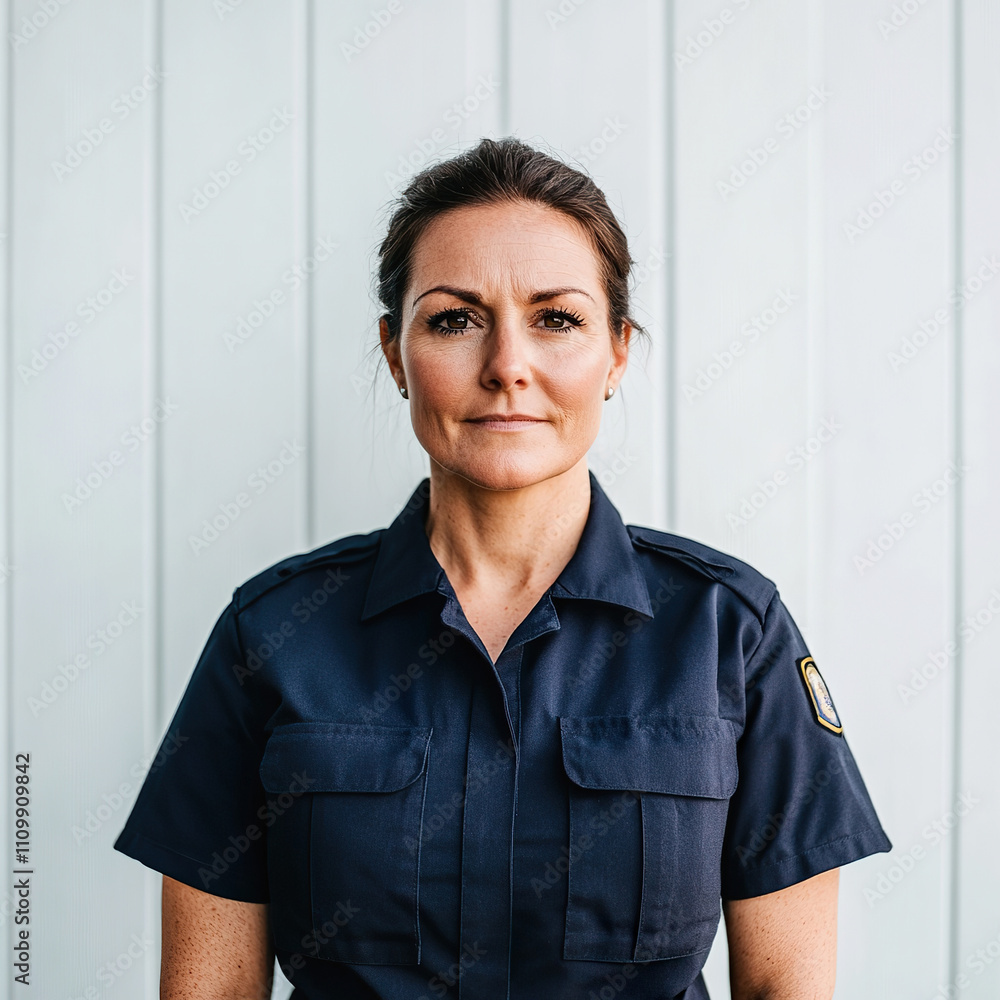 Female prison guard in dark uniform in front of a white wall Female prison guard in dark uniform in front of a white wall