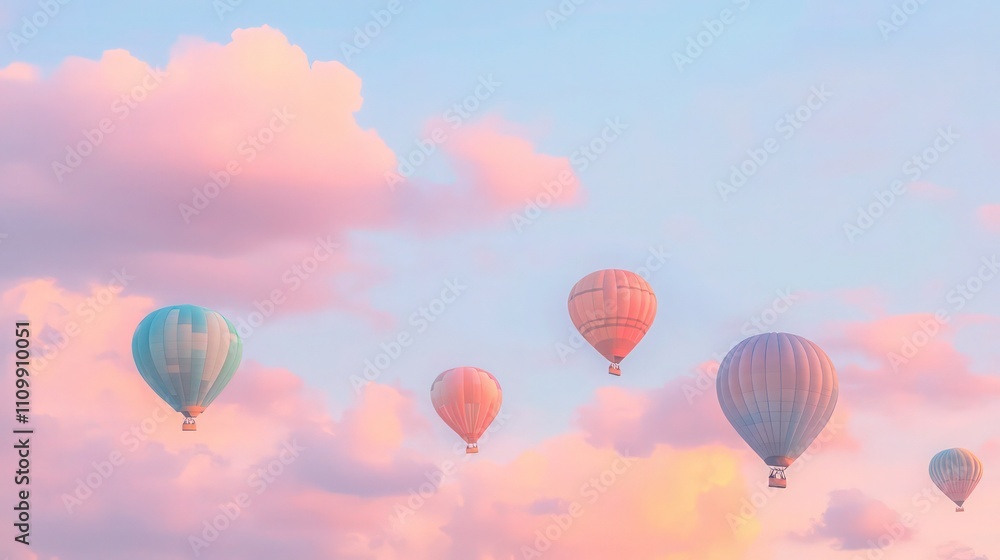 Obraz premium A cluster of gentle pastel hot air balloons drift softly among voluminous pink clouds set against a clear blue sky.