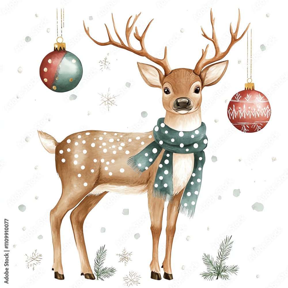 Cute reindeer adorned with festive ornaments and snowflakes. Cute reindeer adorned with festive ornaments and snowflakes.