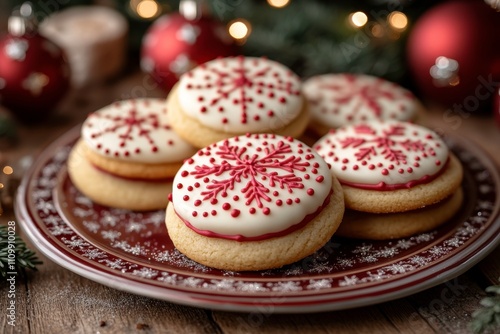 A festive plate of decorated cookies with snowflake designs, perfect for holiday celebrations.