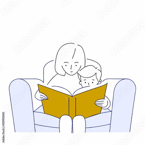 Outline illustration of an adult reading a book to a child on a cozy couch for storytelling and family themes