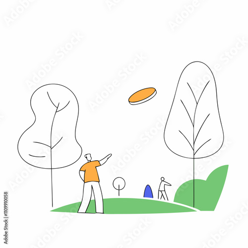 Outline illustration of people playing frisbee in a park with trees and open green space for outdoor fun