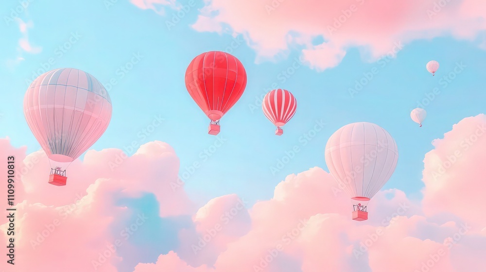 Obraz premium Several large passenger hot air balloons float peacefully across a vibrant blue sky filled with puffy, cotton-candy pink clouds.