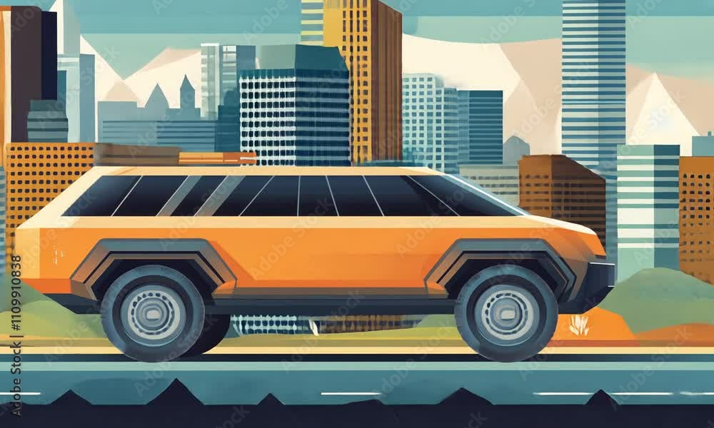 A stylized illustration of a futuristic vehicle against a city skyline. A stylized illustration of a futuristic vehicle against a city skyline.