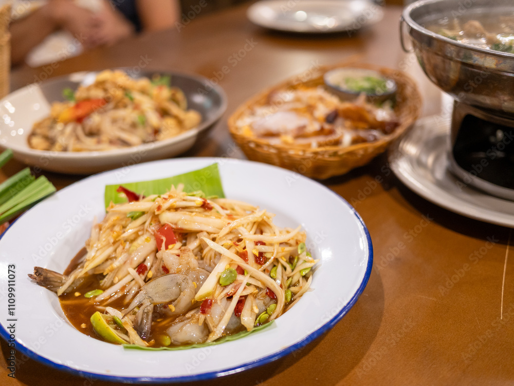 Delicious thai seafood salad local restaurant food indoor dining close-up culinary artistry Delicious thai seafood salad local restaurant food indoor dining close-up culinary artistry