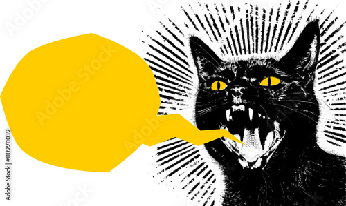 Cat element of collage, Space cat screaming empty speech bubble, Pop-art style illustration of a black cat, Black cat with a wide-open mouth and piercing yellow eyes on a transparent background