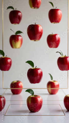 Shiny Red Apple on White Table with Modern Clean Lines Fruit Presentation Photo