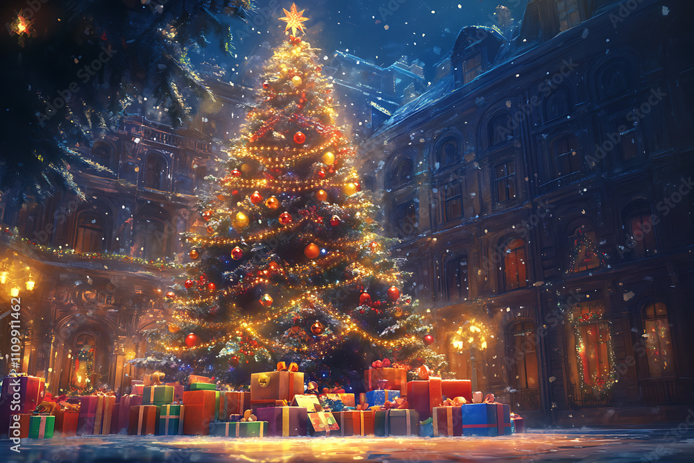 A large Christmas tree with dazzling lights, surrounded by wrapped gifts, evoking a joyful and festive holiday atmosphere A large Christmas tree with dazzling lights, surrounded by wrapped gifts, evoking a joyful and festive holiday atmosphere