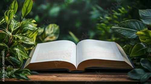 Open book on wooden table surrounded by lush green plants.