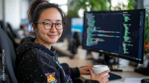 Young Developer Working at Desk with Computer and Coffee Cup photo