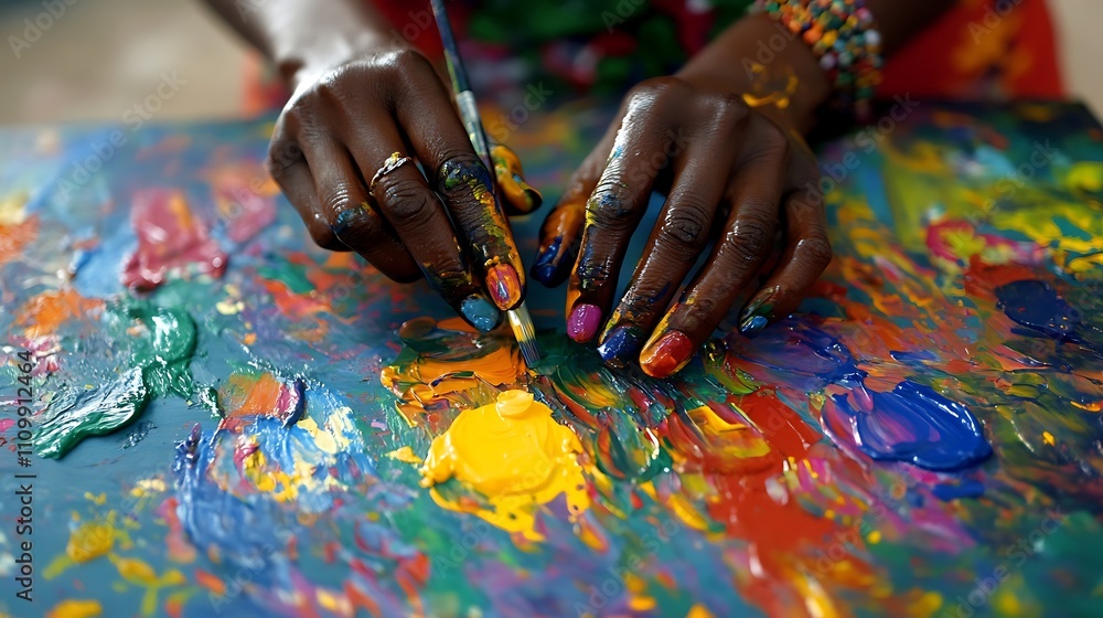 A person is painting with their hands on a table A person is painting with their hands on a table