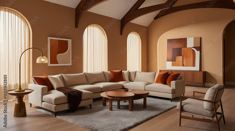 Fototapeta premium Minimalist and boho style interior design with modern living room and white sofa. Minimalist, japandi style interior design of modern living room. Stylish furniture in classical room
