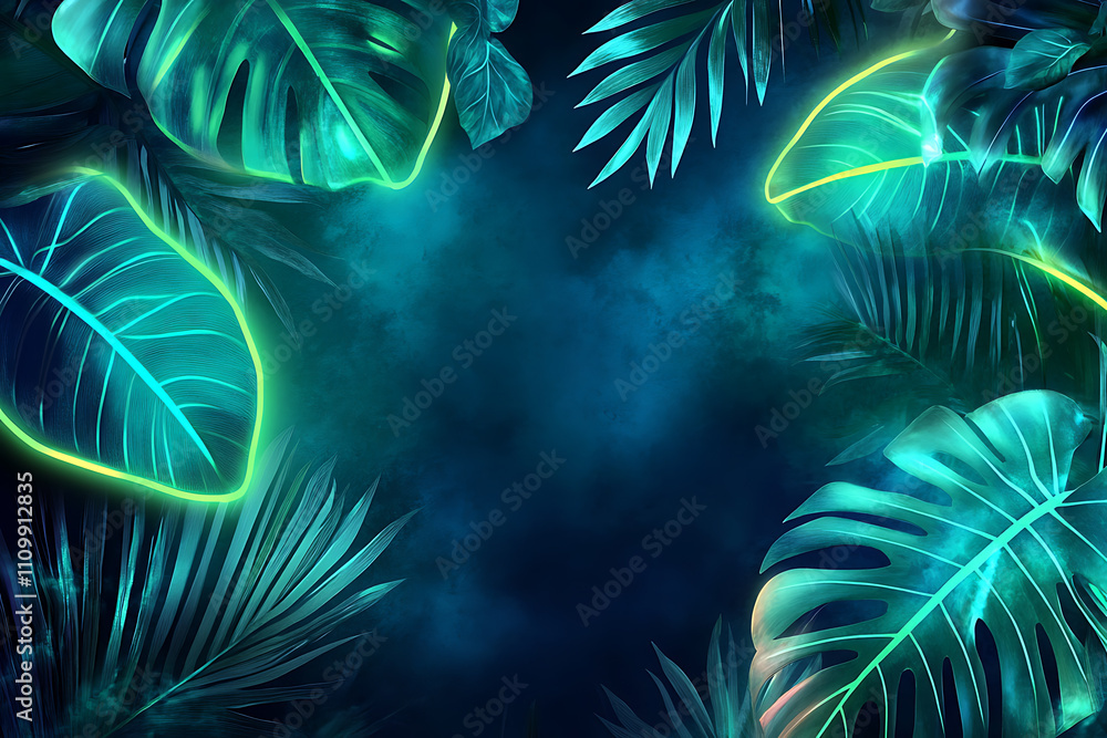 custom made wallpaper toronto digitalNeon green and blue lights glowing on tropical leaves, blending nature with a futuristic, glowing ambiance