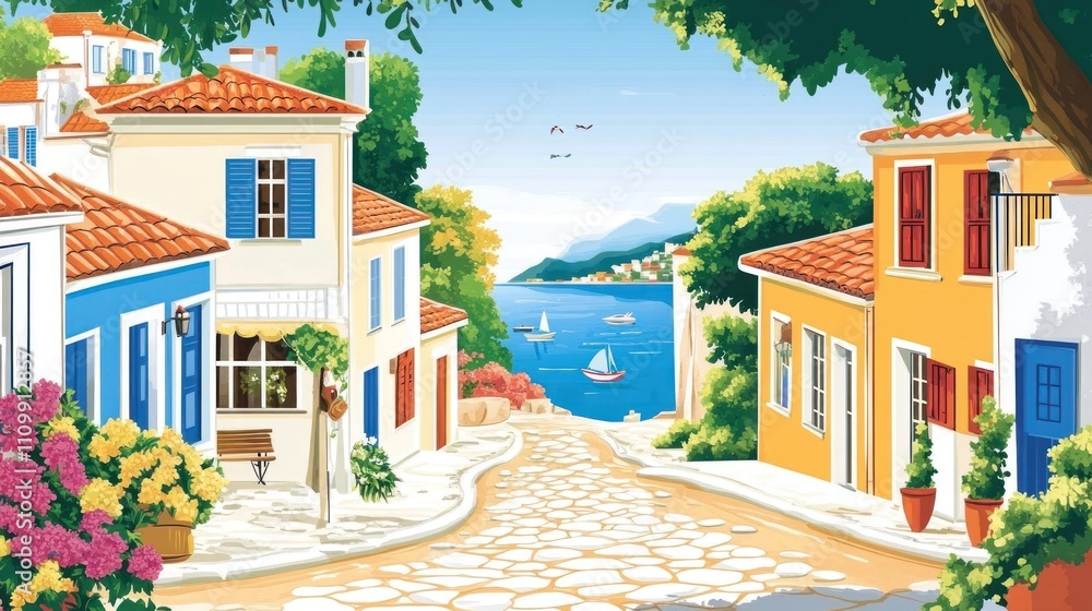 Fototapeta premium A picturesque coastal scene with colorful houses, a cobblestone street, and sailboats in the bay.