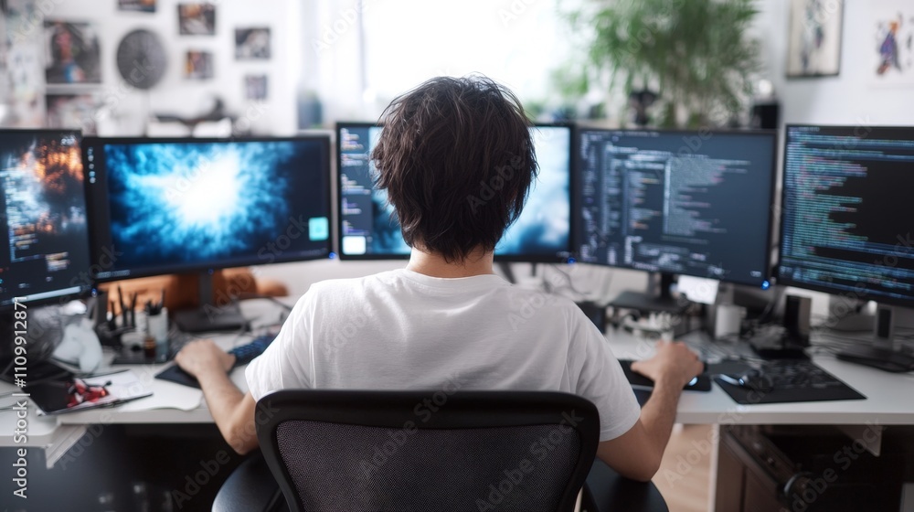 Person Working at Computer Desk Surrounded by Multiple Monitors Person Working at Computer Desk Surrounded by Multiple Monitors