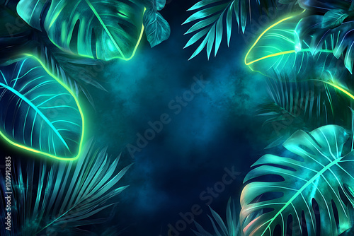 Wallpaper Mural Neon green and blue lights glowing on tropical leaves, blending nature with a futuristic, glowing ambiance Torontodigital.ca