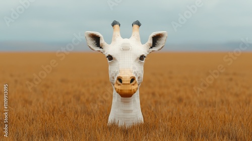 White giraffe head emerging from tall golden wheat field. photo