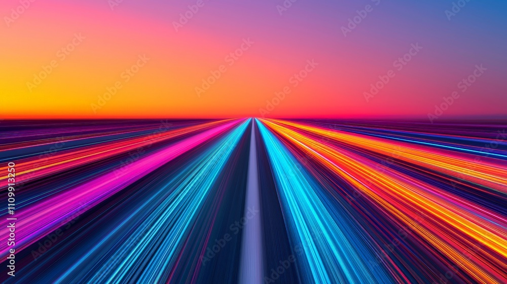 Vibrant light trails converge on a horizon at sunset. Vibrant light trails converge on a horizon at sunset.