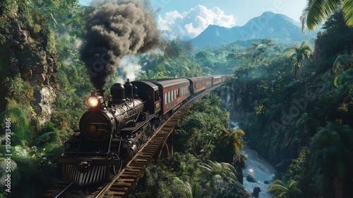 Vintage Steam Train Crossing Lush Jungles and Gorges with Morning Adventure Vibe - Generative AI